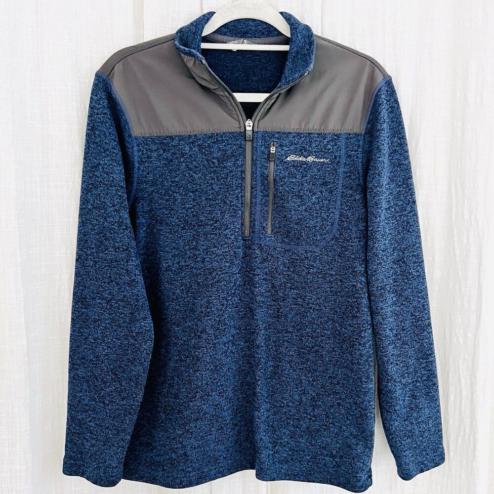 Eddie Bauer Blue & Gray Soft Stretchy Knitted Quarter Zip Sweater - Mens Small